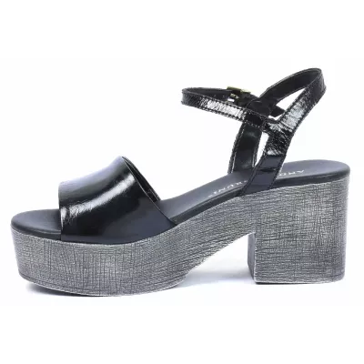 Sandale compensée femme noir Andrea Bruni cuir verni à bride cheville AB-109-1-NAPN