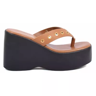 Mule compensée femme camel Andrea Bruni cuir entre-doigt à plateforme AB-518-53-C