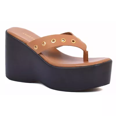Mule compensée femme camel Andrea Bruni cuir entre-doigt à plateforme AB-518-53-C