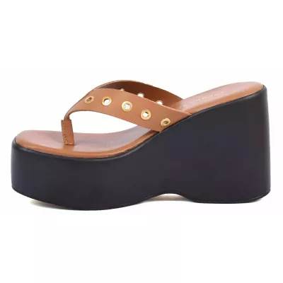 Mule compensée femme camel Andrea Bruni cuir entre-doigt à plateforme AB-518-53-C