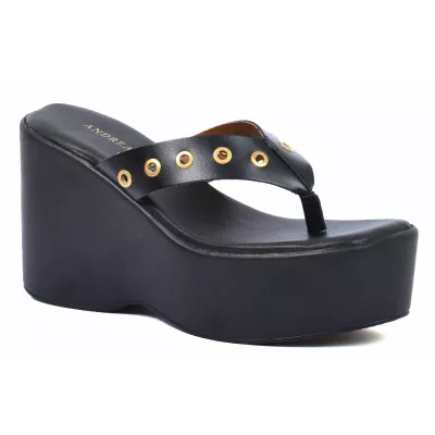 Mule compensée femme noire Andrea Bruni cuir entre-doigt à plateforme AB-518-53-N