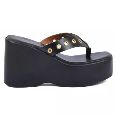 Mule compensée femme noire Andrea Bruni cuir entre-doigt à plateforme AB-518-53-N