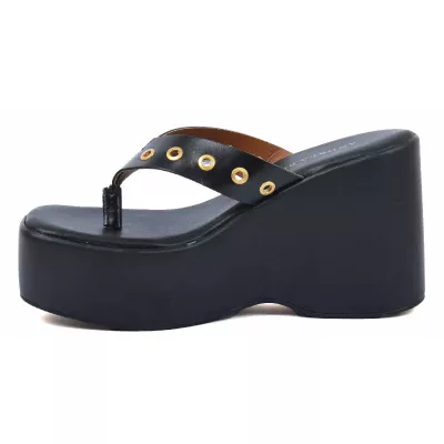 Mule compensée femme noire Andrea Bruni cuir entre-doigt à plateforme AB-518-53-N