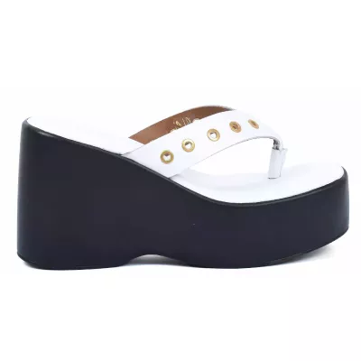 Mule compensée femme blanche Andrea Bruni cuir entre-doigt à plateforme AB-518-53-BC
