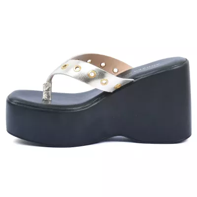 Mule compensée femme dorée Andrea Bruni cuir métallisé entre-doigt à plateforme AB-518-53-DO