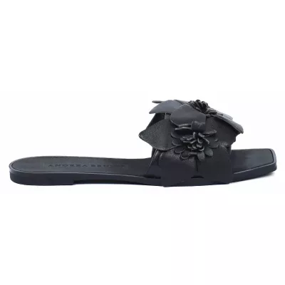 Mule plate femme noire Andrea Bruni cuir à fleurs décoratives AB-666-1-N
