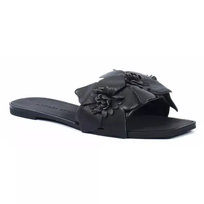 Mule plate femme noire Andrea Bruni cuir à fleurs décoratives AB-666-1-N