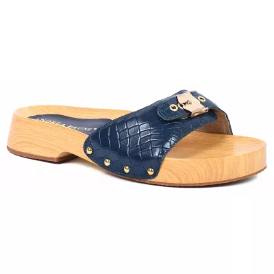 Claquette femme bleue Andrea Bruni cuir effet croco à semelle bois AB-CLAQUETTE-BL