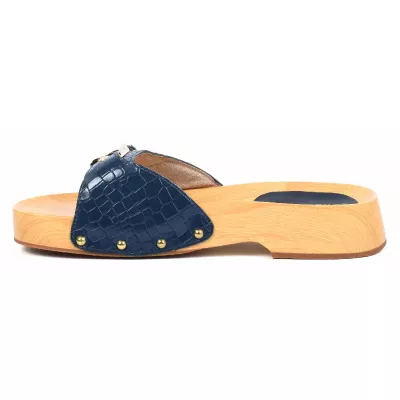 Claquette femme bleue Andrea Bruni cuir effet croco à semelle bois AB-CLAQUETTE-BL