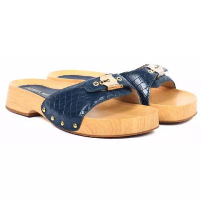 Claquette femme bleue Andrea Bruni cuir effet croco à semelle bois AB-CLAQUETTE-BL
