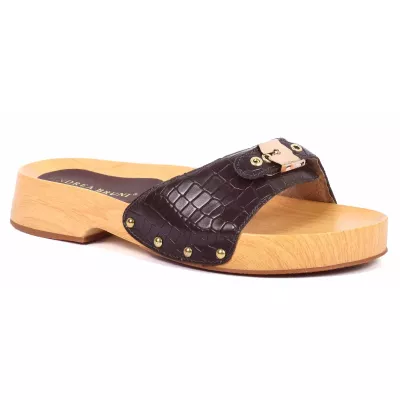 Claquette femme marron Andrea Bruni cuir effet croco à semelle bois AB-CLAQUETTE-M
