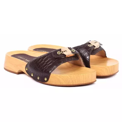 Claquette femme marron Andrea Bruni cuir effet croco à semelle bois AB-CLAQUETTE-M