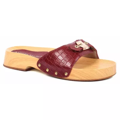 Claquette femme rouge bordeaux Andrea Bruni cuir effet croco à semelle bois AB-CLAQUETTE-RG