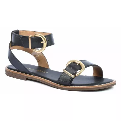 Sandale plate femme noire Andrea Bruni cuir à boucles dorées AB-9535-2-N