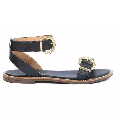 Sandale plate femme noire Andrea Bruni cuir à boucles dorées AB-9535-2-N