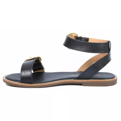 Sandale plate femme noire Andrea Bruni cuir à boucles dorées AB-9535-2-N