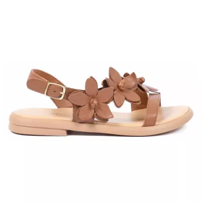 Sandale plate femme camel Andrea Bruni cuir à fleurs décoratives AB-202-1-C