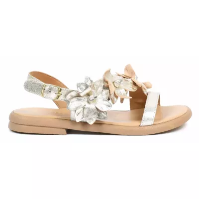 Sandale plate femme dorée Andrea Bruni cuir métallisé à fleurs décoratives AB-202-1-DO