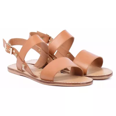 Sandale plate femme camel Andrea Bruni cuir à brides ouvertes AB-SAN-2-S-C