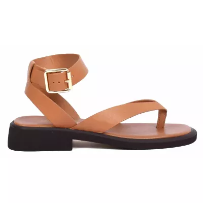 Sandale femme camel Andrea Bruni cuir à entredoigt avec bride cheville AB-249-15-C