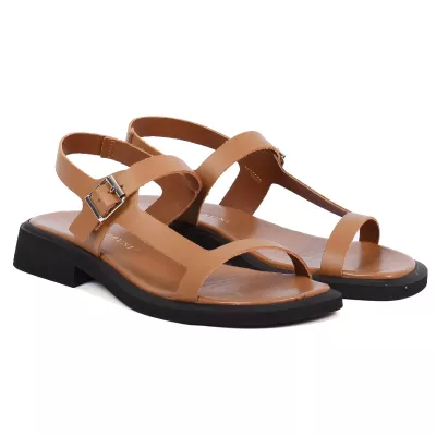 Sandale femme camel Andrea Bruni cuir avec bride boucle et talon plat AB-517-1-C