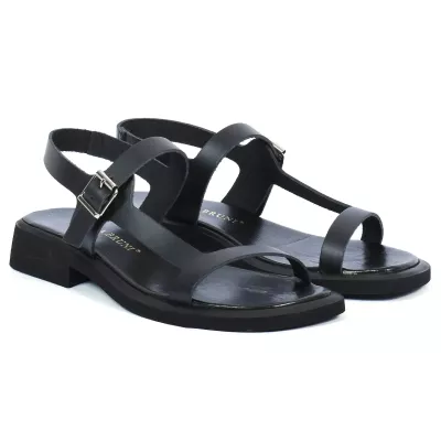 Sandale femme noire Andrea Bruni cuir avec bride boucle et talon plat AB-517-1-N