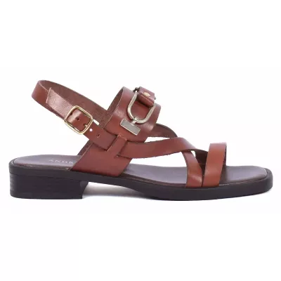 Sandale femme marron Andrea Bruni cuir à brides fines avec boucle décorative et talon plat AB-249-10-M