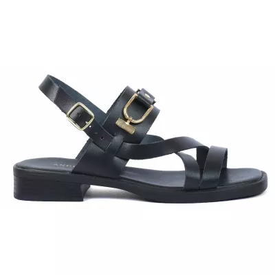 Sandale femme noire Andrea Bruni cuir à brides fines avec boucle décorative et talon plat AB-249-10-N