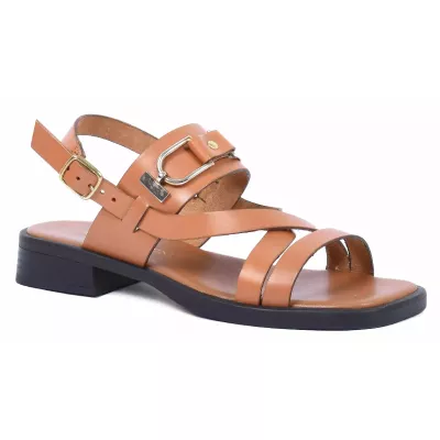 Sandale femme camel Andrea Bruni cuir à brides fines avec boucle décorative et talon plat AB-249-10-C