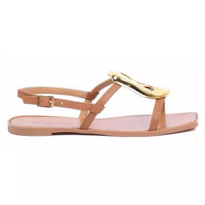 Sandale femme camel Andrea Bruni cuir à brides fines avec boucle dorée décorative et talon plat AB-666-2-C