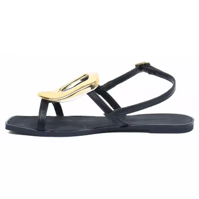 Sandale femme noire Andrea Bruni cuir à brides fines avec boucle dorée décorative et talon plat AB-666-2-N