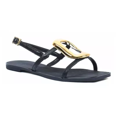 Sandale femme noire Andrea Bruni cuir à brides fines avec boucle dorée décorative et talon plat AB-666-2-N