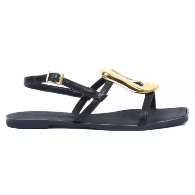 Sandale femme noire Andrea Bruni cuir à brides fines avec boucle dorée décorative et talon plat AB-666-2-N