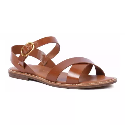 Sandale femme camel Andrea Bruni cuir à doubles brides avec bride cheville et boucle ronde dorée AB-9536-4-C