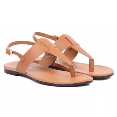 Sandale femme camel Andrea Bruni cuir style entredoigt avec bride arrière réglable et boucle dorée AB-M601-1-C