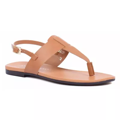 Sandale femme camel Andrea Bruni cuir style entredoigt avec bride arrière réglable et boucle dorée AB-M601-1-C