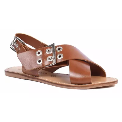 Sandale femme camel Andrea Bruni cuir avec brides croisées, boucle argentée et bride arrière réglable AB-SAND-C