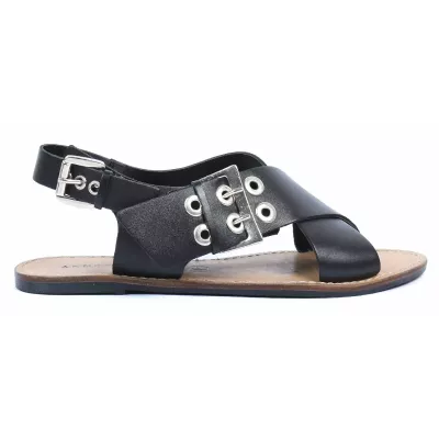 Sandale femme noire Andrea Bruni cuir avec brides croisées, boucle argentée et bride arrière réglable AB-SAND-N