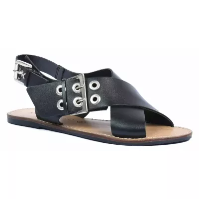 Sandale femme noire Andrea Bruni cuir avec brides croisées, boucle argentée et bride arrière réglable AB-SAND-N
