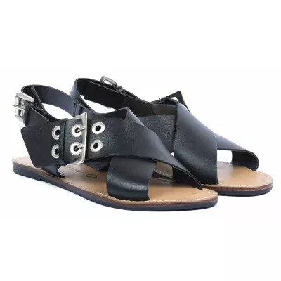 Sandale femme noire Andrea Bruni cuir avec brides croisées, boucle argentée et bride arrière réglable AB-SAND-N