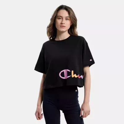 Crop top femme CHAMPION noir avec logo multicolore arc-en-ciel et coupe oversize en coton 116113-KK001