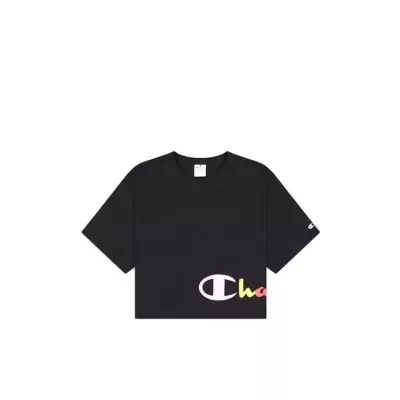 Crop top femme CHAMPION noir avec logo multicolore arc-en-ciel et coupe oversize en coton 116113-KK001