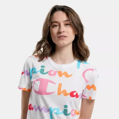 T-shirt femme CHAMPION 116118-WL001 blanc avec imprimés colorés, coupe classique et col rond en coton doux