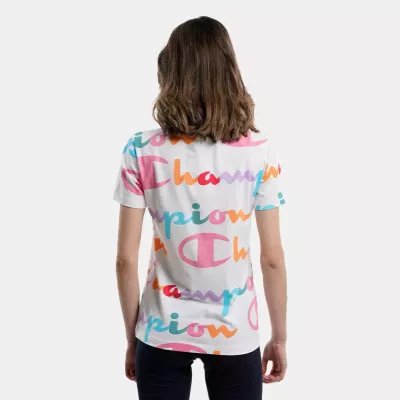 T-shirt femme CHAMPION 116118-WL001 blanc avec imprimés colorés, coupe classique et col rond en coton doux