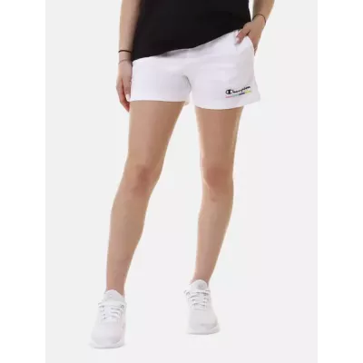 Short femme Champion 117108-WW001 blanc en coton avec logo Champion plastifié, taille élastique ajustable et poches latérales