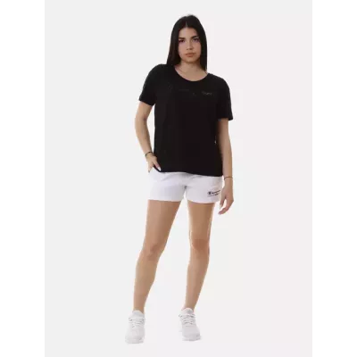 Short femme Champion 117108-WW001 blanc en coton avec logo Champion plastifié, taille élastique ajustable et poches latérales