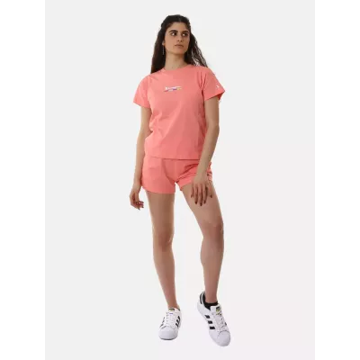 T-shirt femme Champion 117109-PS093 orange en coton avec col rond et logo Champion plastifié sur le devant