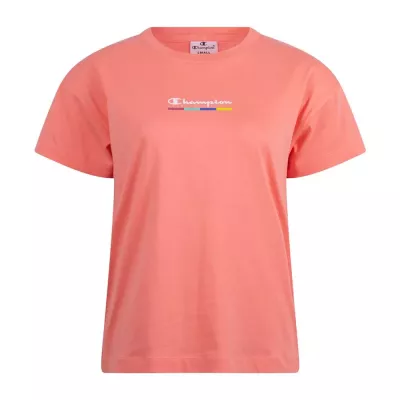 T-shirt femme Champion 117109-PS093 orange en coton avec col rond et logo Champion plastifié sur le devant