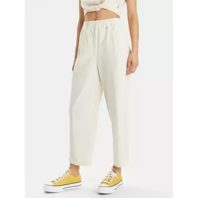 Pantalon femme Champion Wide Leg 117110-YS137 beige avec coupe large, taille haute élastique et logo Champion