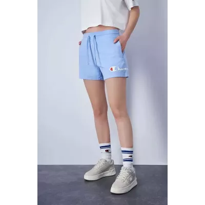 Short femme Champion SHORTS ICONS 117143-BS083 bleu avec grand logo brodé et taille élastique ajustable